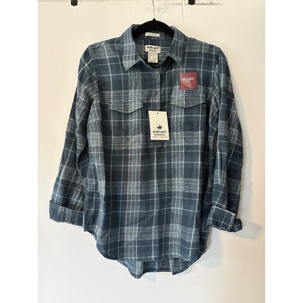 NWT Ariat Real Shirt Billie Jean Popover Relaxed Longβ Sleeve Plaid Womens Small